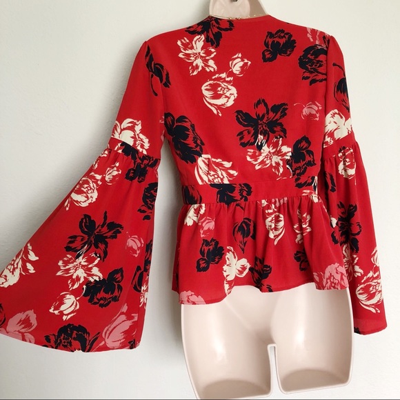 NWOT [Vici] Red Floral Blouse with Bell Sleeve - Picture 6 of 8